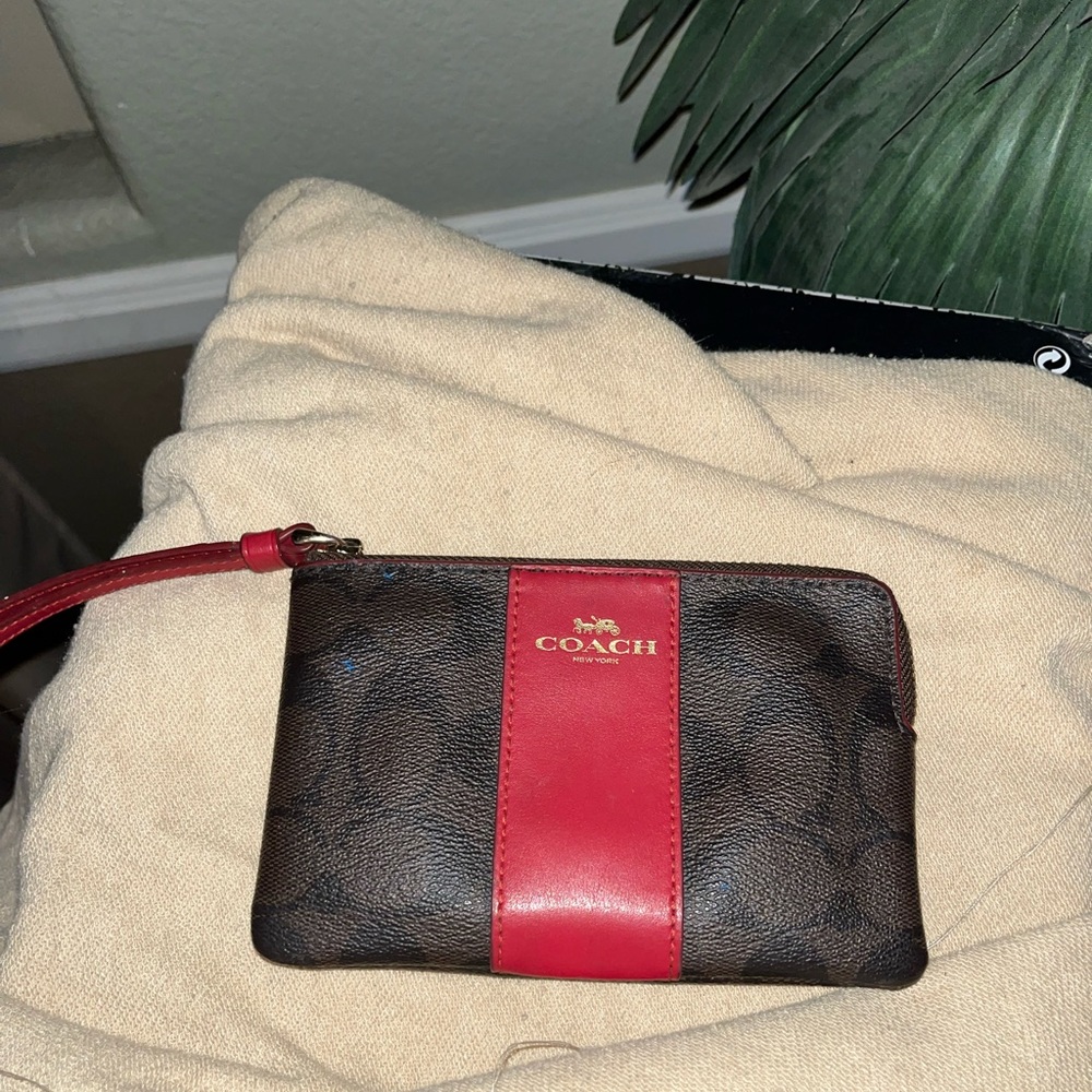 Coach leather red and dark brown logo wristlet
